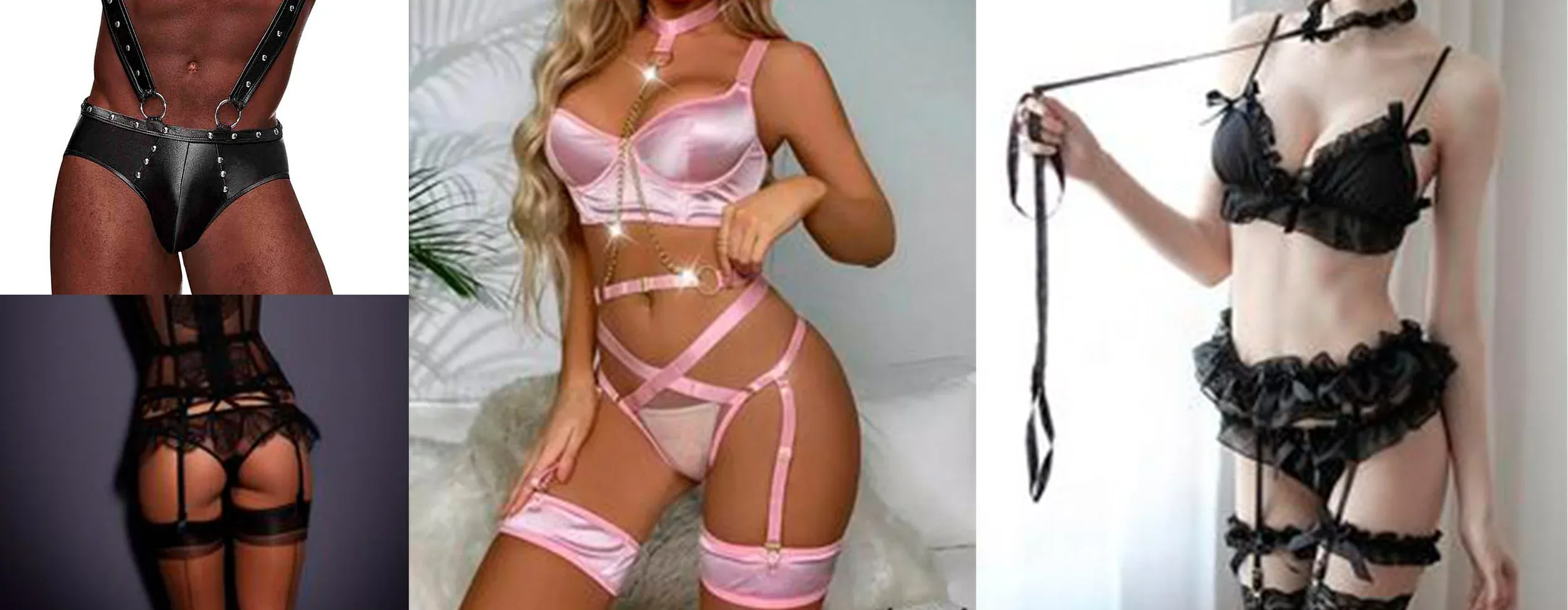 Collection of various lingerie sets in different styles and colors, including leather, pink, and black lace designs.