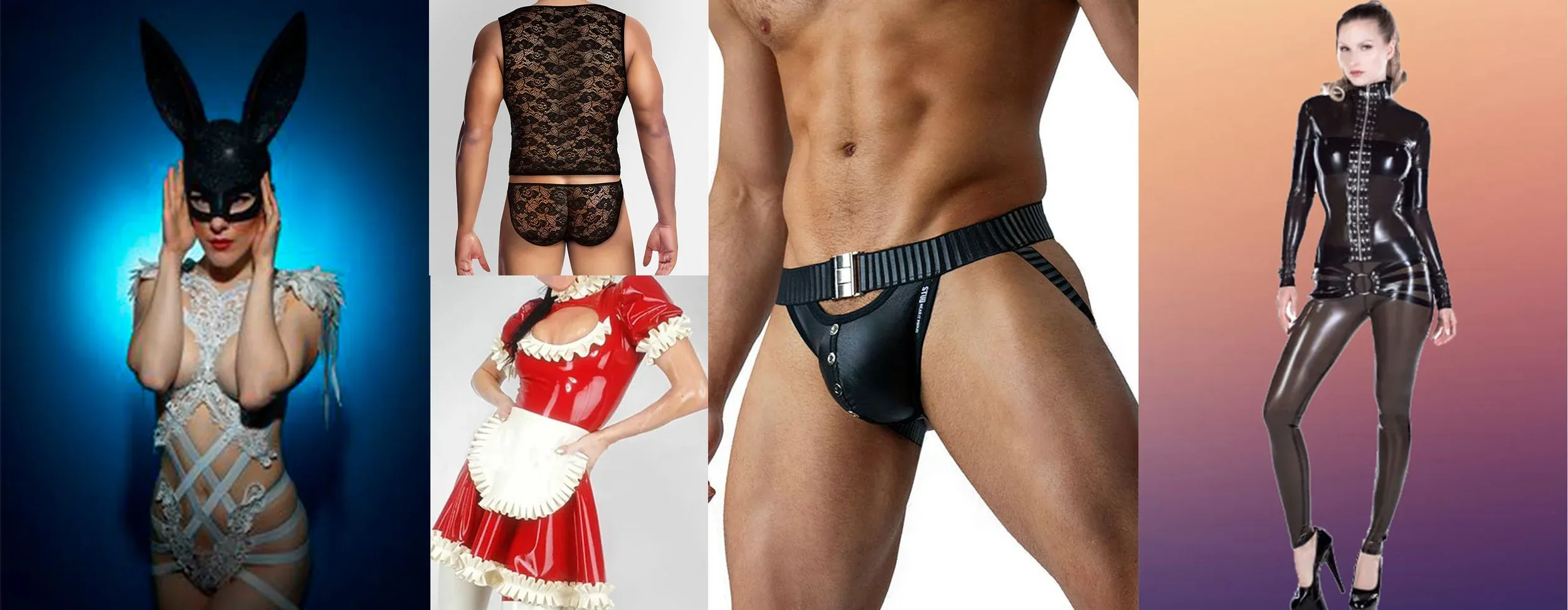 Assorted characters wearing various styles of fetish costumes including lace, latex, and leather.