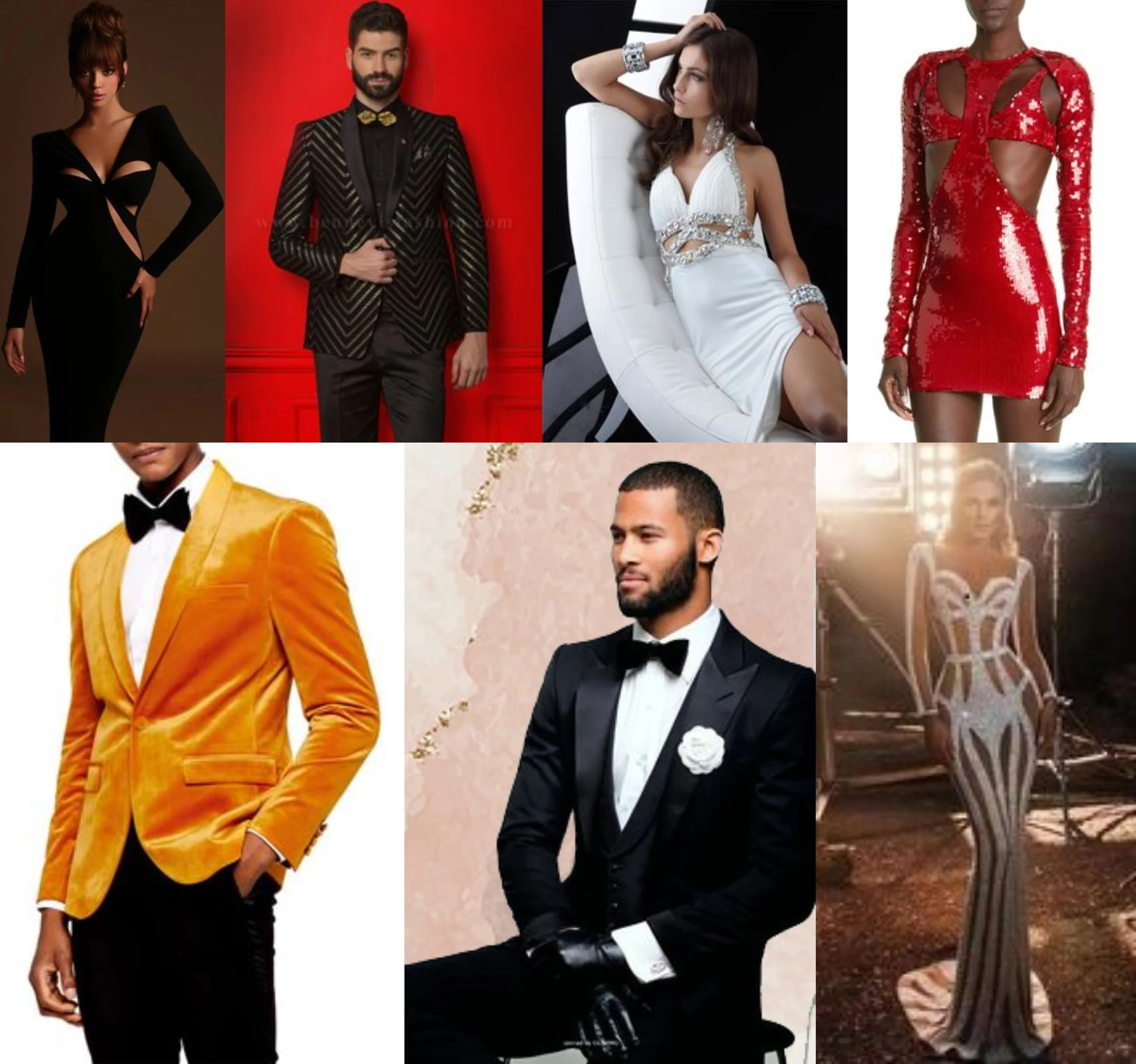 Collage of elegant evening attire, including formal suits and glamorous dresses in black, red, and white, featuring velvet, sequins, and intricate designs.