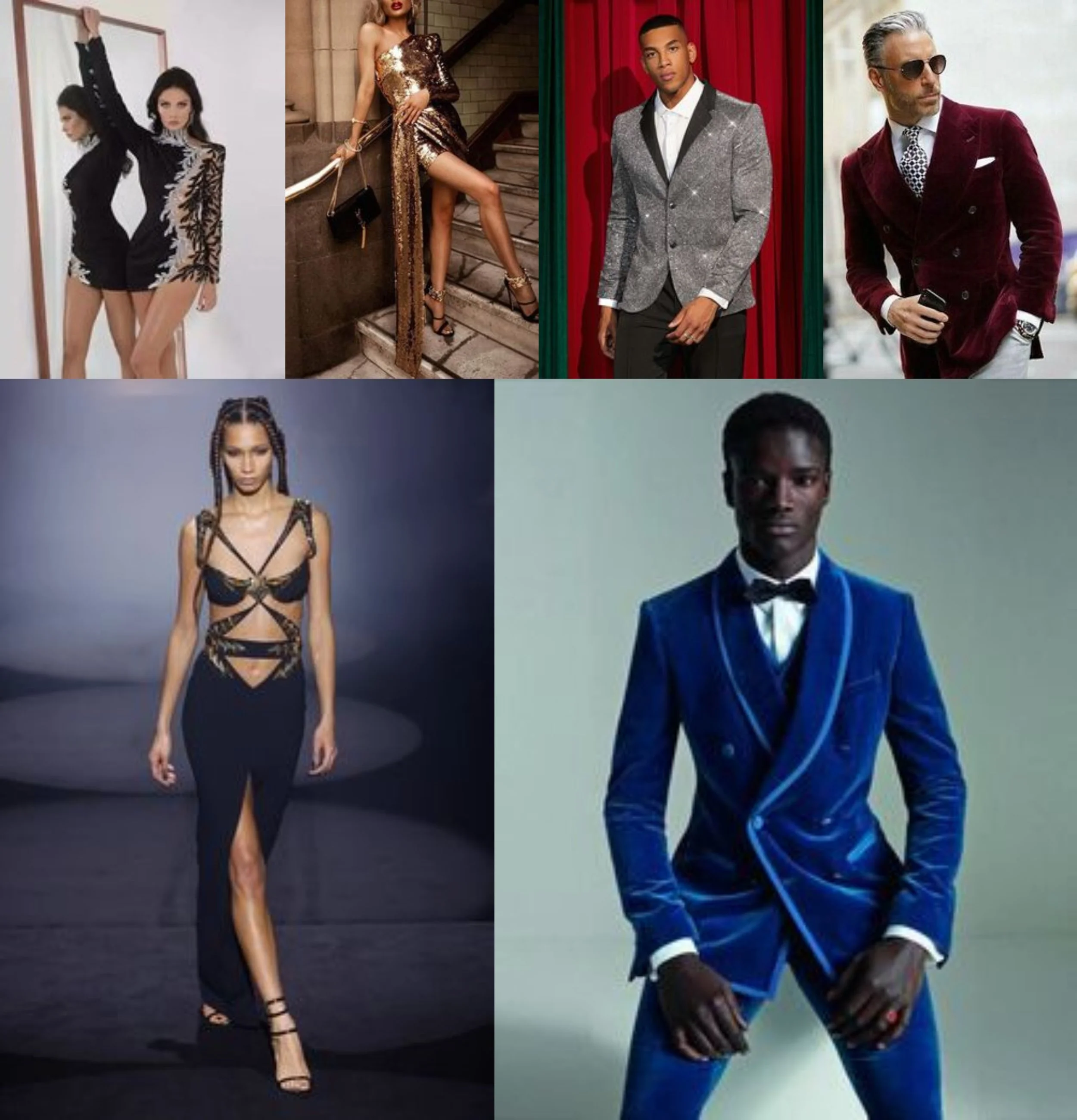 Collage of fashion models wearing elegant evening wear and formal suits, showcasing a variety of styles, including shimmering dresses, double-breasted blazers, and a chic blue velvet tuxedo.