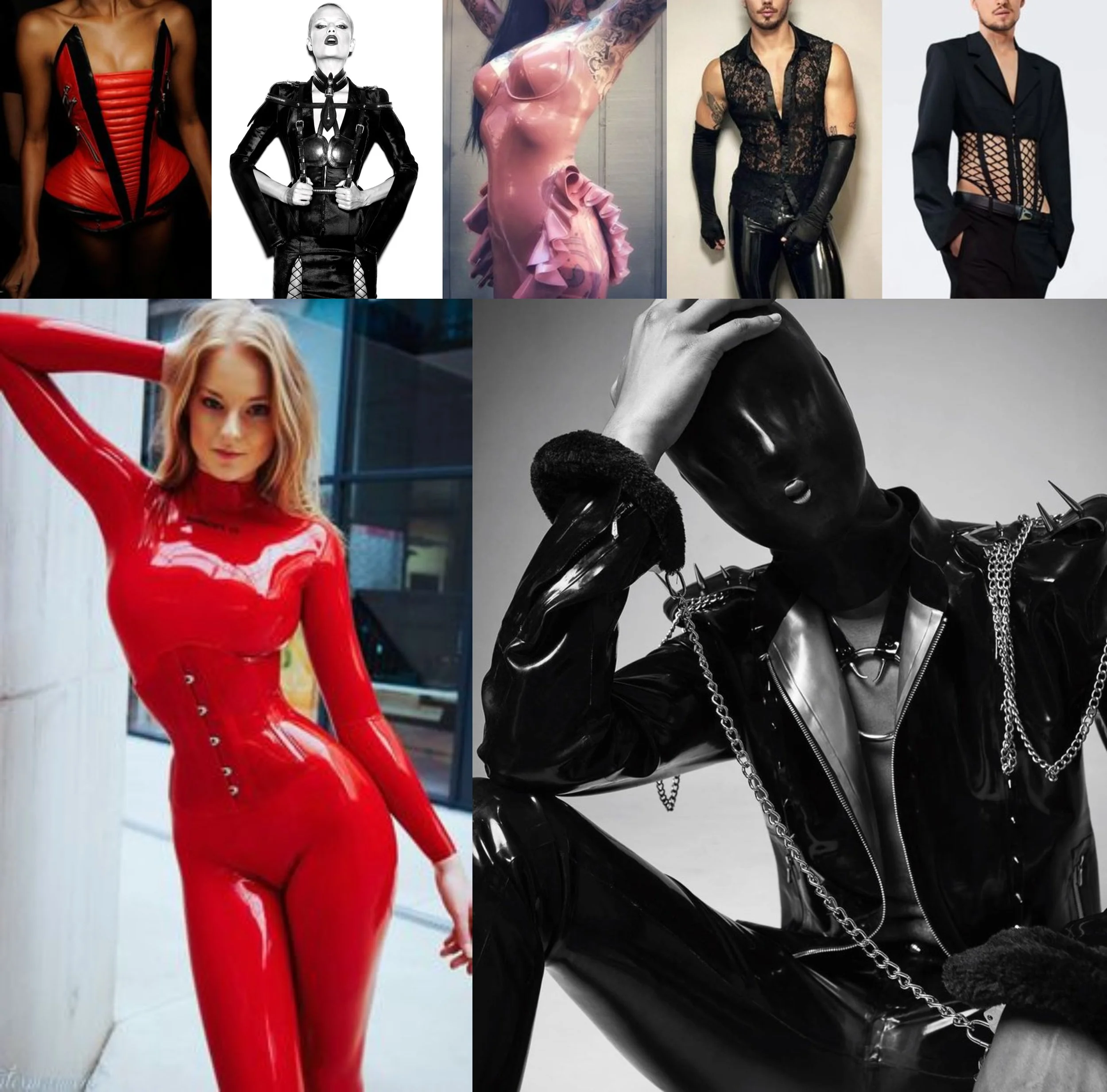 Collage of people wearing latex and leather fashion outfits, including corsets, bodysuits, and jackets with chains and spikes.