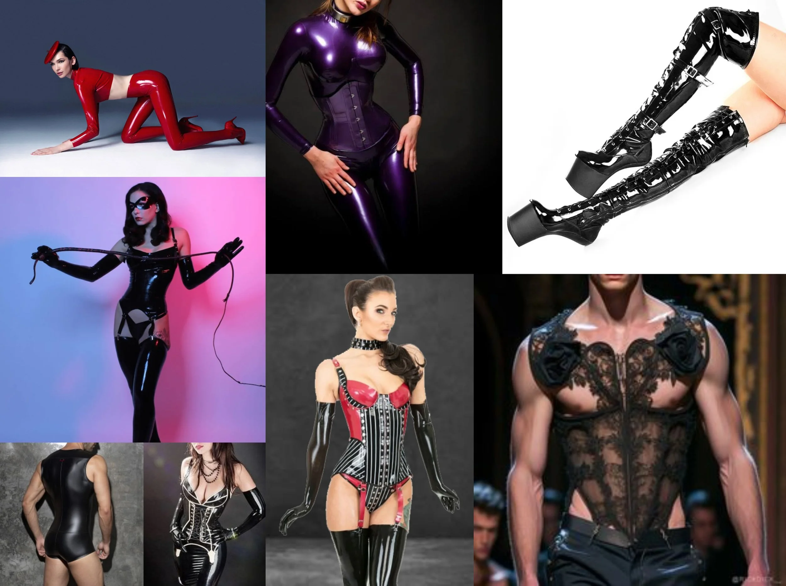 Collage of latex and fetish clothing including catsuits, corsets, thigh-high boots, and gloves.