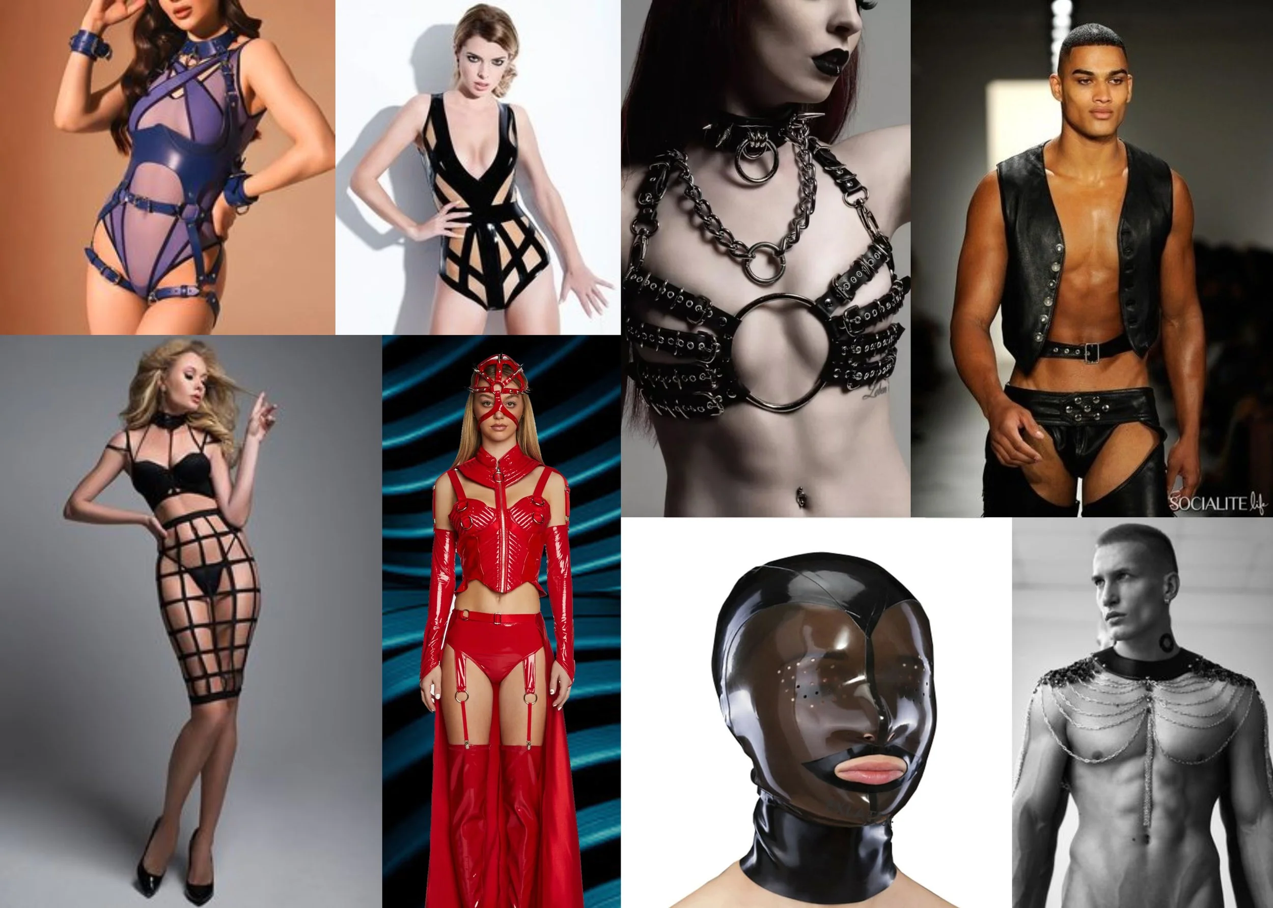 Collage of people wearing BDSM and fetish fashion, including leather, latex, chains, and harnesses.