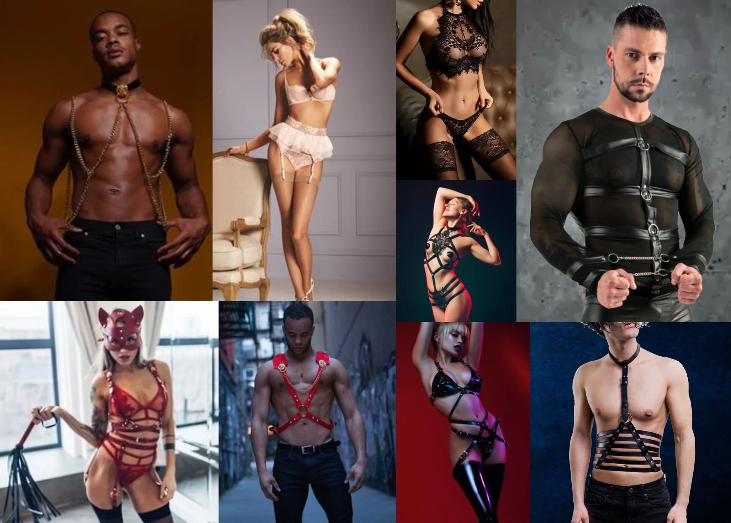 Collage of men and women wearing various styles of lingerie and harnesses, including lace, leather, and strappy designs, in different poses and settings.
